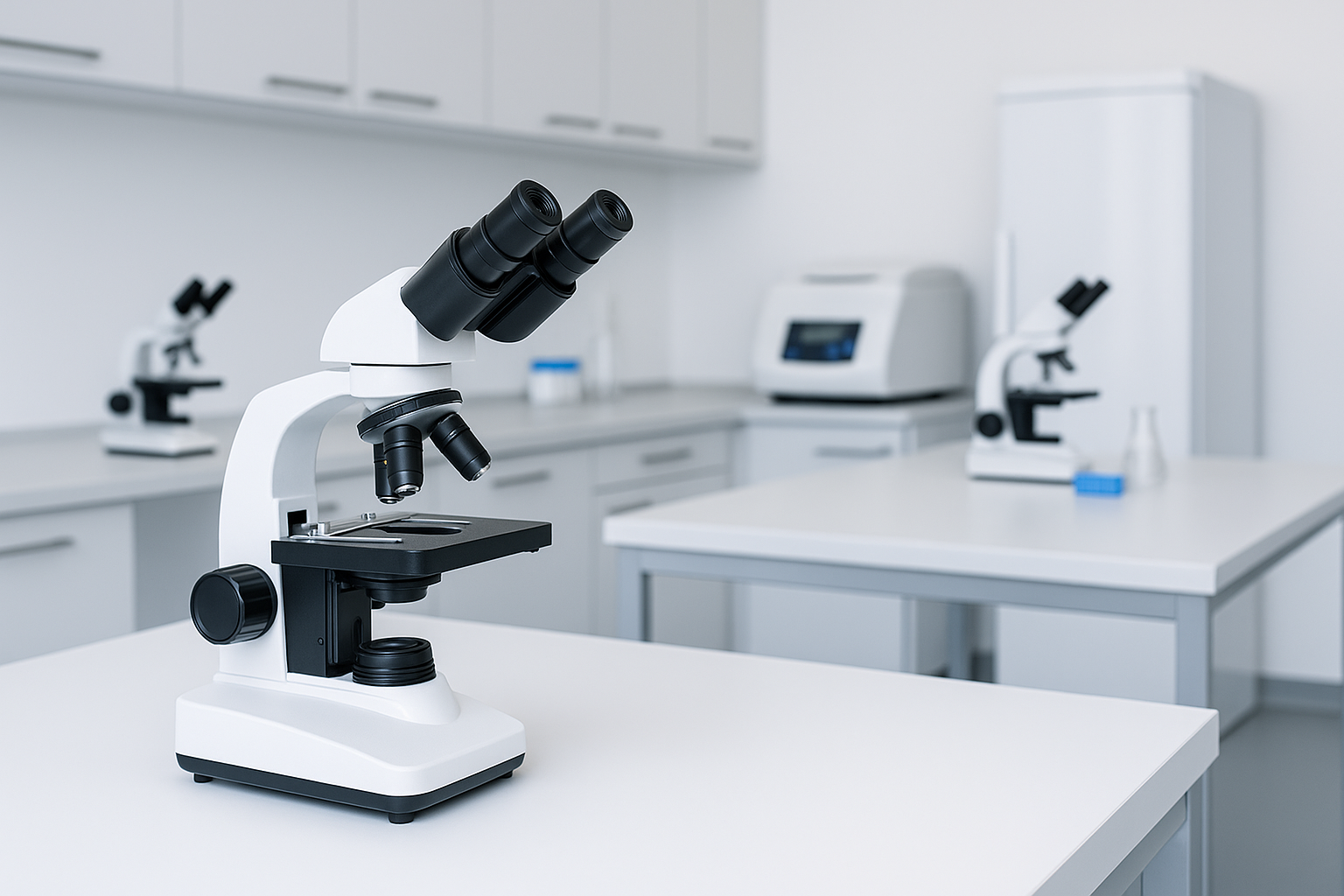 Arbeitsbereich mit Mikroskopen, Zentrifuge und Kühlschrank