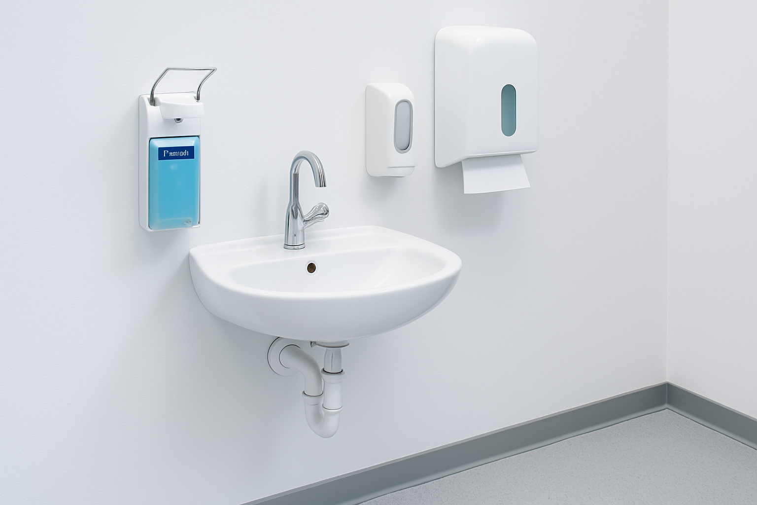 Eingangsbereich mit Handwaschbecken und Desinfektionsspender